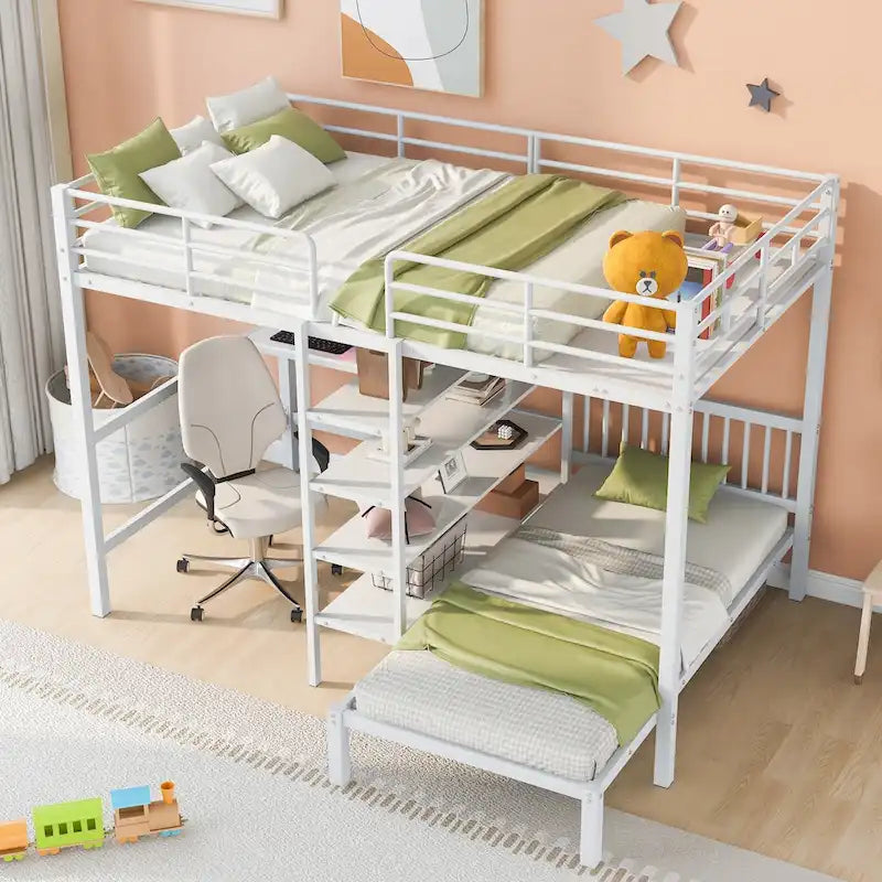 Lit superposé en métal une place et demie sur une place avec bureau et étagères, noir/blanc, 2 couchages