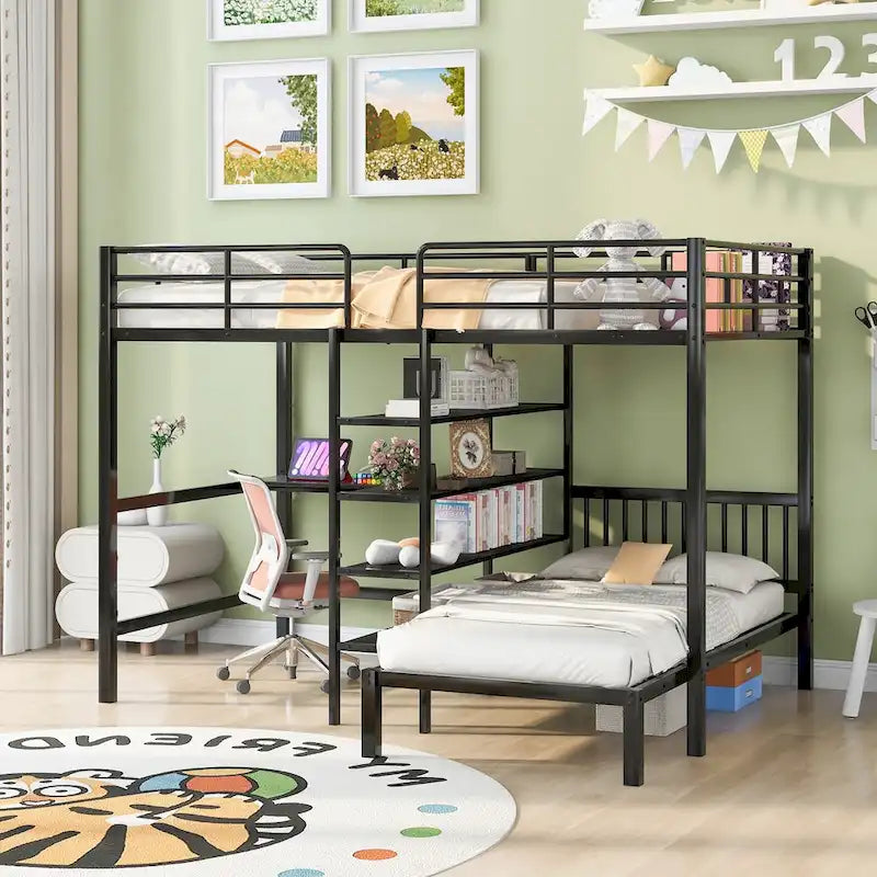 Metal Bunk Bed with Built-in Desk, Shelves and Ladder