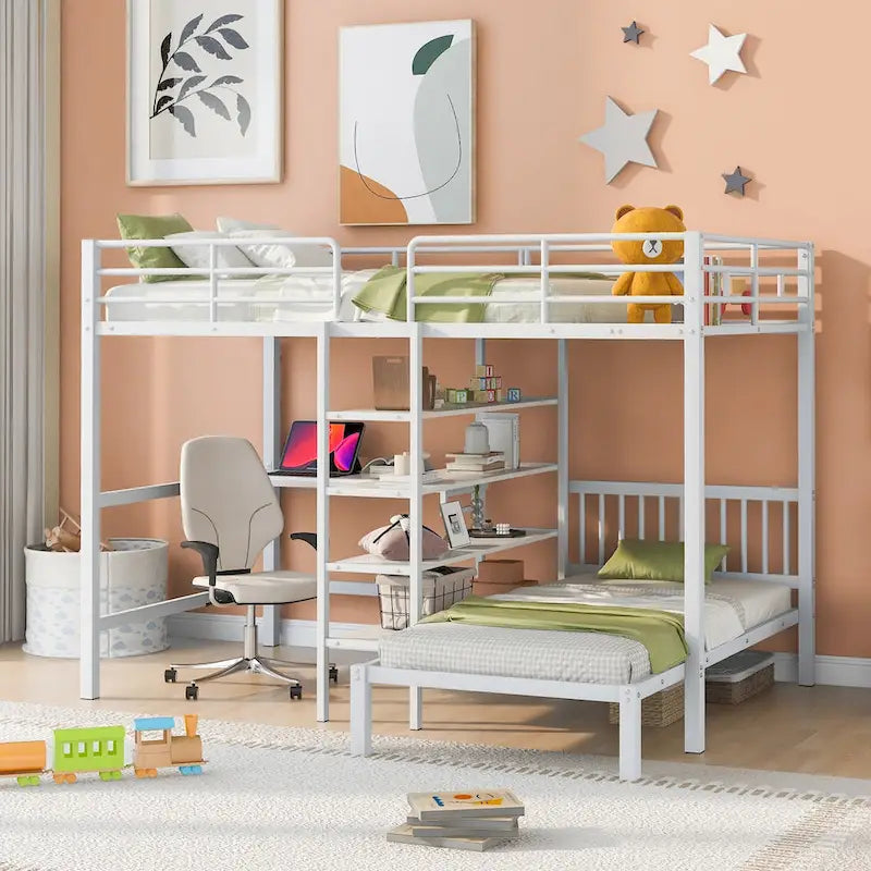 Lit superposé en métal une place et demie sur une place avec bureau et étagères, noir/blanc, 2 couchages