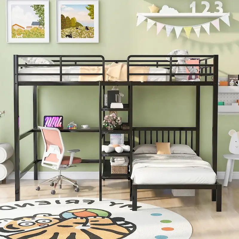 Lit superposé en métal une place et demie sur une place avec bureau et étagères, noir/blanc, 2 couchages