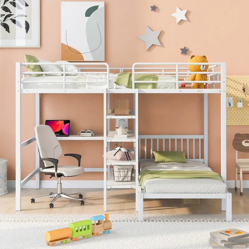 Lit superposé en métal une place et demie sur une place avec bureau et étagères, noir/blanc, 2 couchages