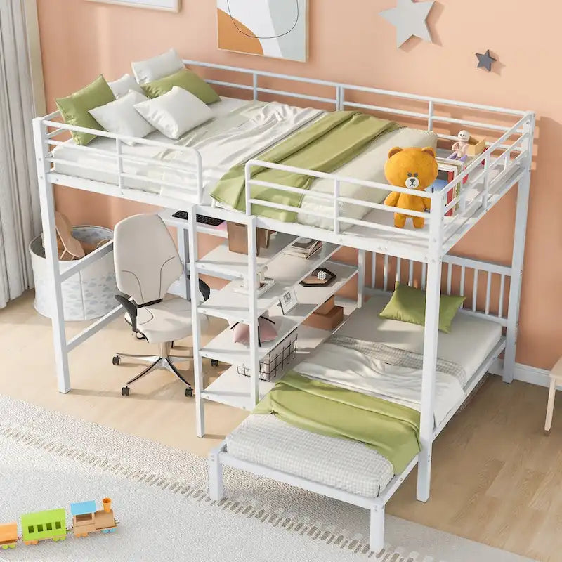Lit superposé en métal une place et demie sur une place avec bureau et étagères, noir/blanc, 2 couchages
