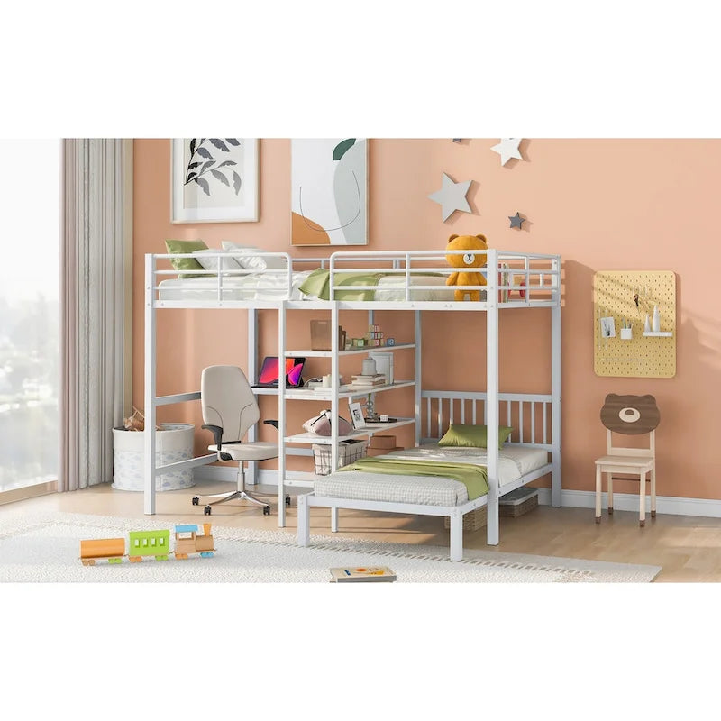 Lit superposé en métal une place et demie sur une place avec bureau et étagères, noir/blanc, 2 couchages