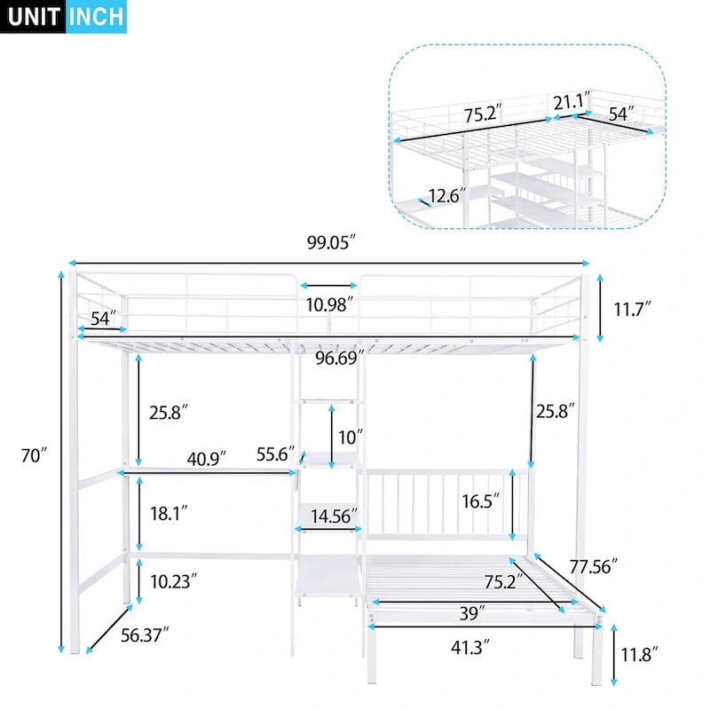 Lit superposé en métal une place et demie sur une place avec bureau et étagères, noir/blanc, 2 couchages