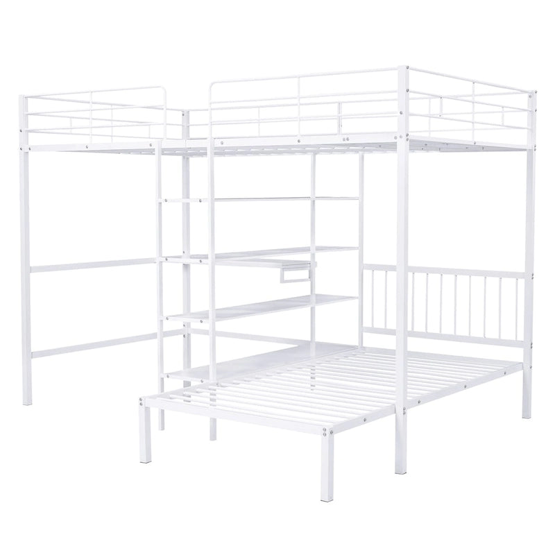 Lit superposé en métal une place et demie sur une place avec bureau et étagères, noir/blanc, 2 couchages