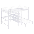 Lit superposé en métal une place et demie sur une place avec bureau et étagères, noir/blanc, 2 couchages