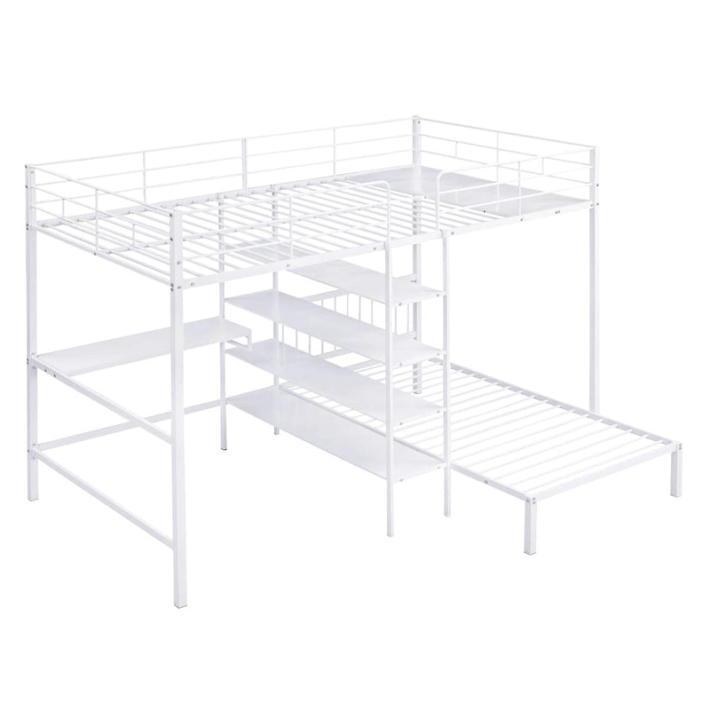 Lit superposé en métal une place et demie sur une place avec bureau et étagères, noir/blanc, 2 couchages