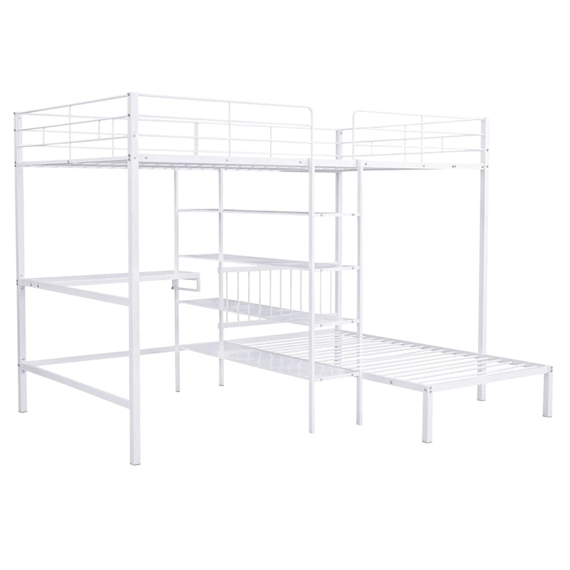 Lit superposé en métal une place et demie sur une place avec bureau et étagères, noir/blanc, 2 couchages
