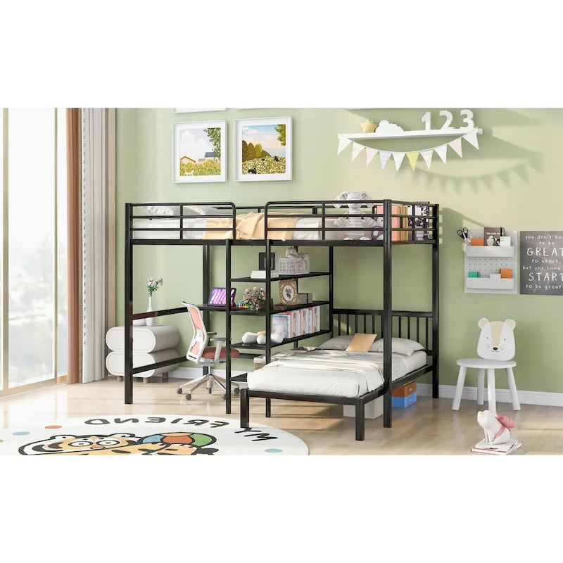 Lit superposé en métal une place et demie sur une place avec bureau et étagères, noir/blanc, 2 couchages