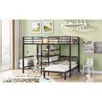 Lit superposé en métal une place et demie sur une place avec bureau et étagères, noir/blanc, 2 couchages