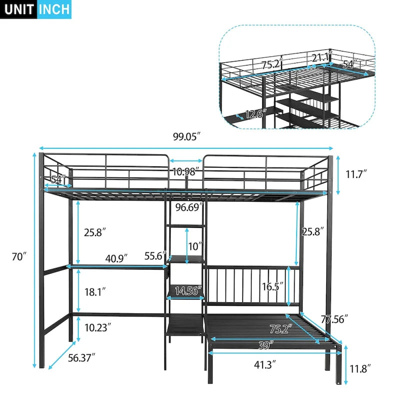 Lit superposé en métal une place et demie sur une place avec bureau et étagères, noir/blanc, 2 couchages