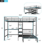 Lit superposé en métal une place et demie sur une place avec bureau et étagères, noir/blanc, 2 couchages