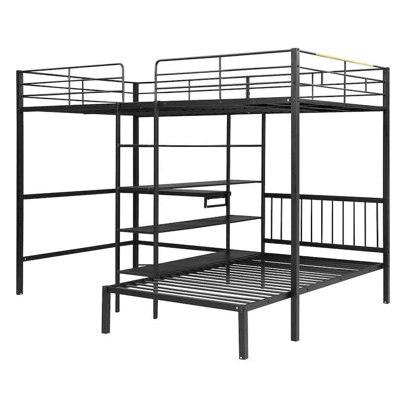Lit superposé en métal une place et demie sur une place avec bureau et étagères, noir/blanc, 2 couchages
