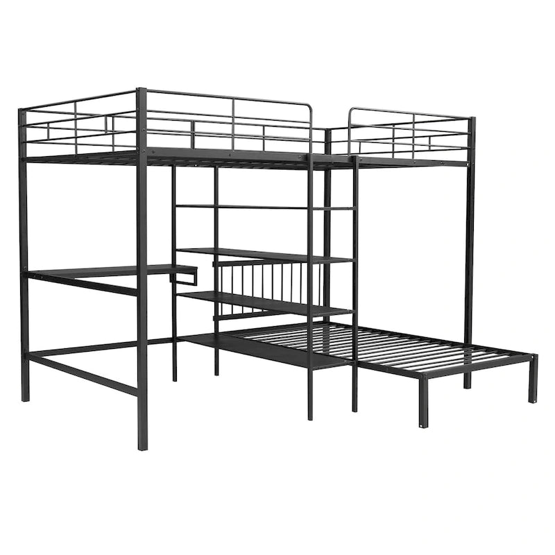 Lit superposé en métal une place et demie sur une place avec bureau et étagères, noir/blanc, 2 couchages