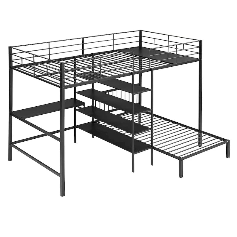 Lit superposé en métal une place et demie sur une place avec bureau et étagères, noir/blanc, 2 couchages