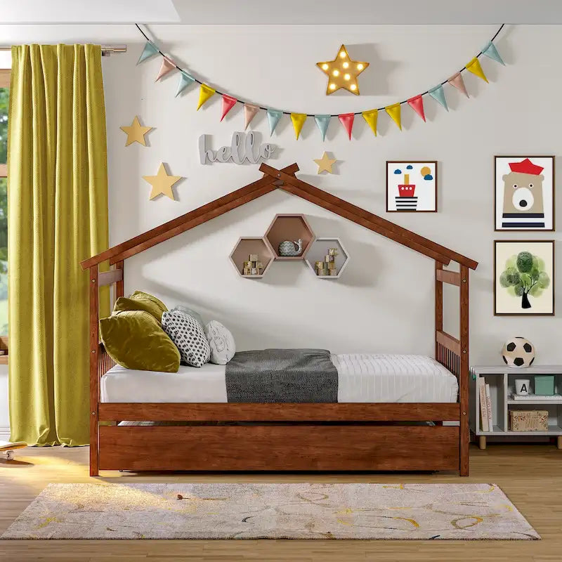 Lit de repos en forme de maison avec lit gigogne double, taille double, pour 2 personnes, blanc/noyer/naturel/gris