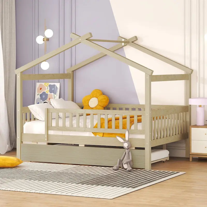 Lit de repos en forme de maison avec lit gigogne double, taille double, pour 2 personnes, blanc/noyer/naturel/gris