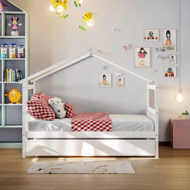 Lit de repos en forme de maison avec lit gigogne double, taille double, pour 2 personnes, blanc/noyer/naturel/gris