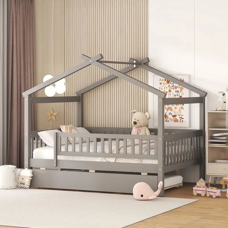 Lit de repos en forme de maison avec lit gigogne double, taille double, pour 2 personnes, blanc/noyer/naturel/gris