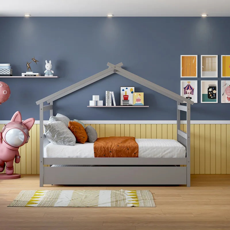 Lit de repos en forme de maison avec lit gigogne double, taille double, pour 2 personnes, blanc/noyer/naturel/gris