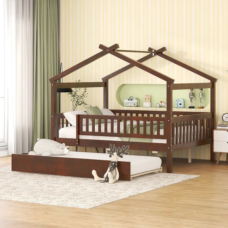 Lit de repos en forme de maison avec lit gigogne double, taille double, pour 2 personnes, blanc/noyer/naturel/gris