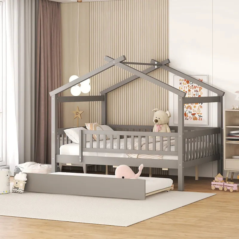 Lit de repos en forme de maison avec lit gigogne double, taille double, pour 2 personnes, blanc/noyer/naturel/gris