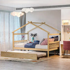 Lit de repos en forme de maison avec lit gigogne double, taille double, pour 2 personnes, blanc/noyer/naturel/gris