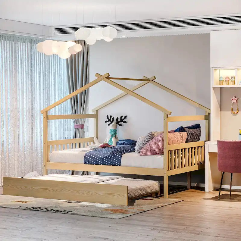 Lit de repos en forme de maison avec lit gigogne double, taille double, pour 2 personnes, blanc/noyer/naturel/gris