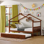 Lit de repos en forme de maison avec lit gigogne double, taille double, pour 2 personnes, blanc/noyer/naturel/gris