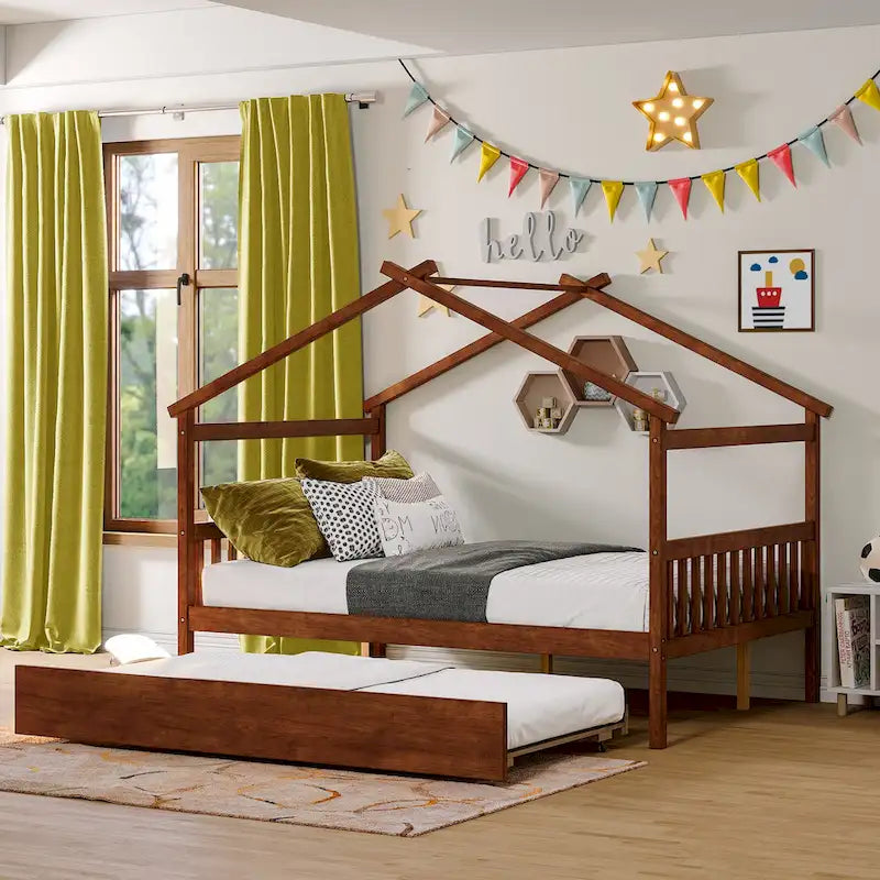 Lit de repos en forme de maison avec lit gigogne double, taille double, pour 2 personnes, blanc/noyer/naturel/gris