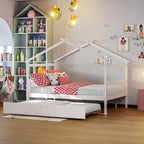 Lit de repos en forme de maison avec lit gigogne double, taille double, pour 2 personnes, blanc/noyer/naturel/gris