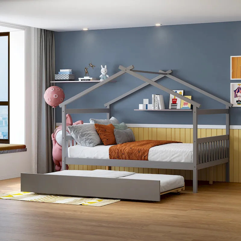 Lit de repos en forme de maison avec lit gigogne double, taille double, pour 2 personnes, blanc/noyer/naturel/gris