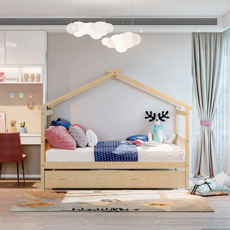 Lit de repos en forme de maison avec lit gigogne double, taille double, pour 2 personnes, blanc/noyer/naturel/gris