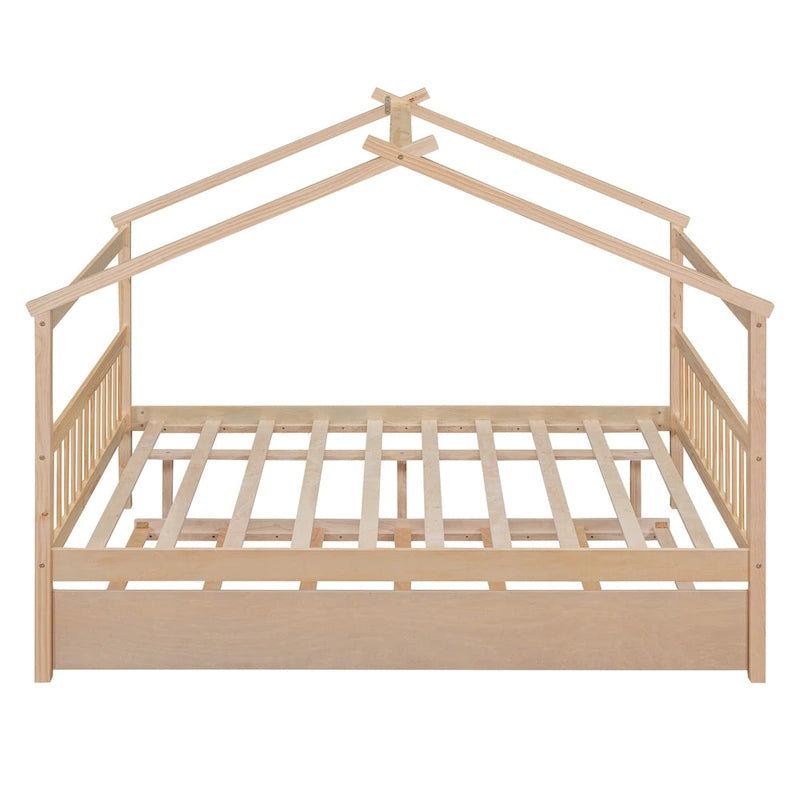 Lit de repos en forme de maison avec lit gigogne double, taille double, pour 2 personnes, blanc/noyer/naturel/gris