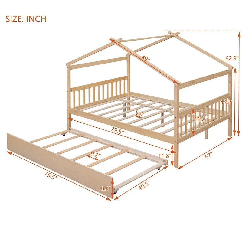Lit de repos en forme de maison avec lit gigogne double, taille double, pour 2 personnes, blanc/noyer/naturel/gris