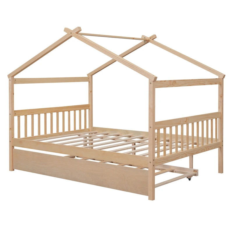 Lit de repos en forme de maison avec lit gigogne double, taille double, pour 2 personnes, blanc/noyer/naturel/gris