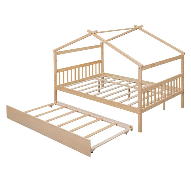 Lit de repos en forme de maison avec lit gigogne double, taille double, pour 2 personnes, blanc/noyer/naturel/gris