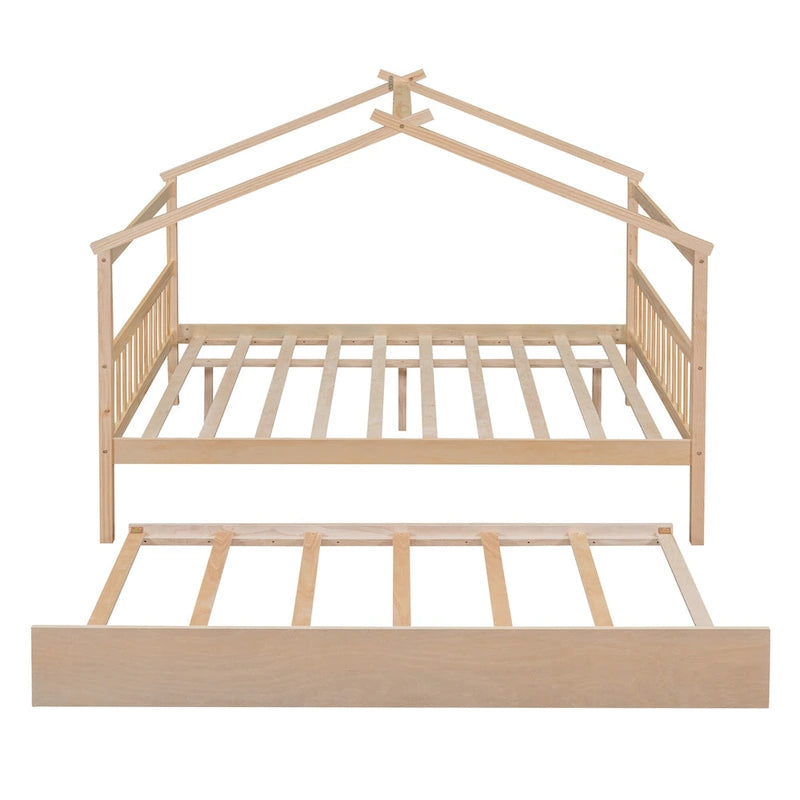 Lit de repos en forme de maison avec lit gigogne double, taille double, pour 2 personnes, blanc/noyer/naturel/gris