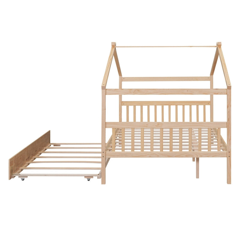 Lit de repos en forme de maison avec lit gigogne double, taille double, pour 2 personnes, blanc/noyer/naturel/gris