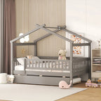 Lit de repos en forme de maison avec lit gigogne double, taille double, pour 2 personnes, blanc/noyer/naturel/gris