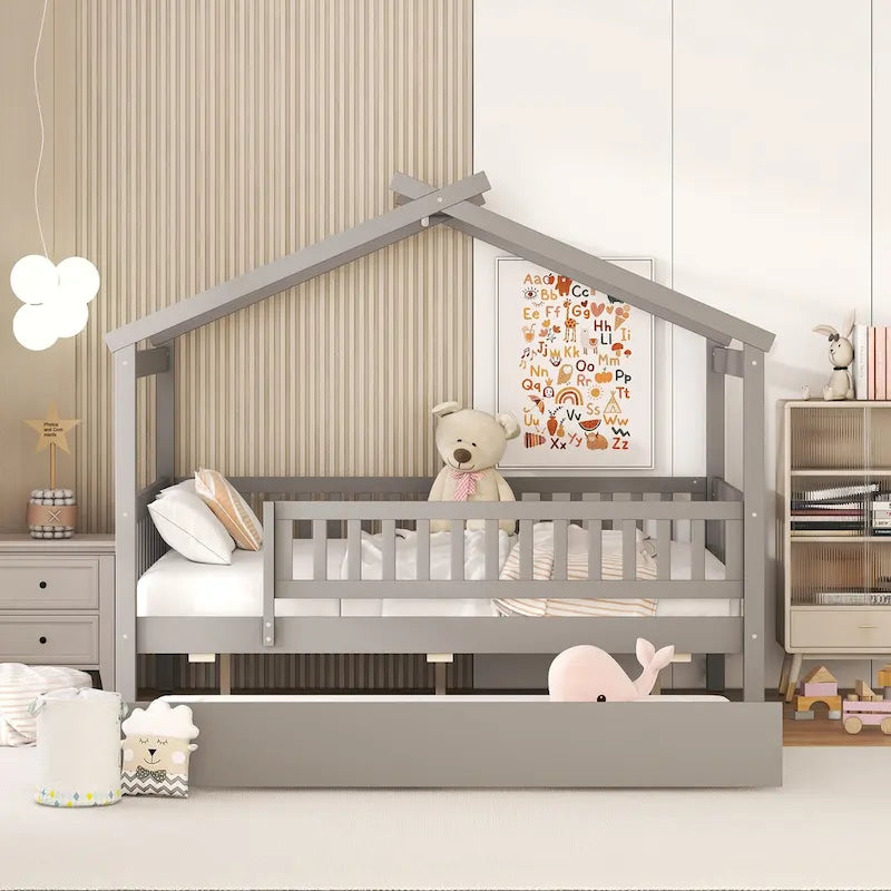 Lit de repos en forme de maison avec lit gigogne double, taille double, pour 2 personnes, blanc/noyer/naturel/gris