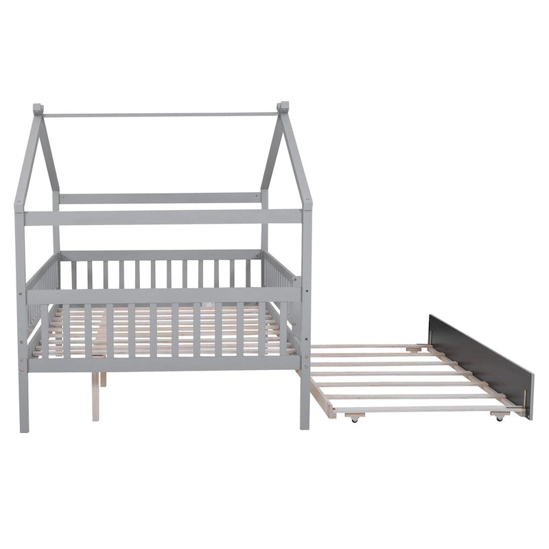 Lit de repos en forme de maison avec lit gigogne double, taille double, pour 2 personnes, blanc/noyer/naturel/gris