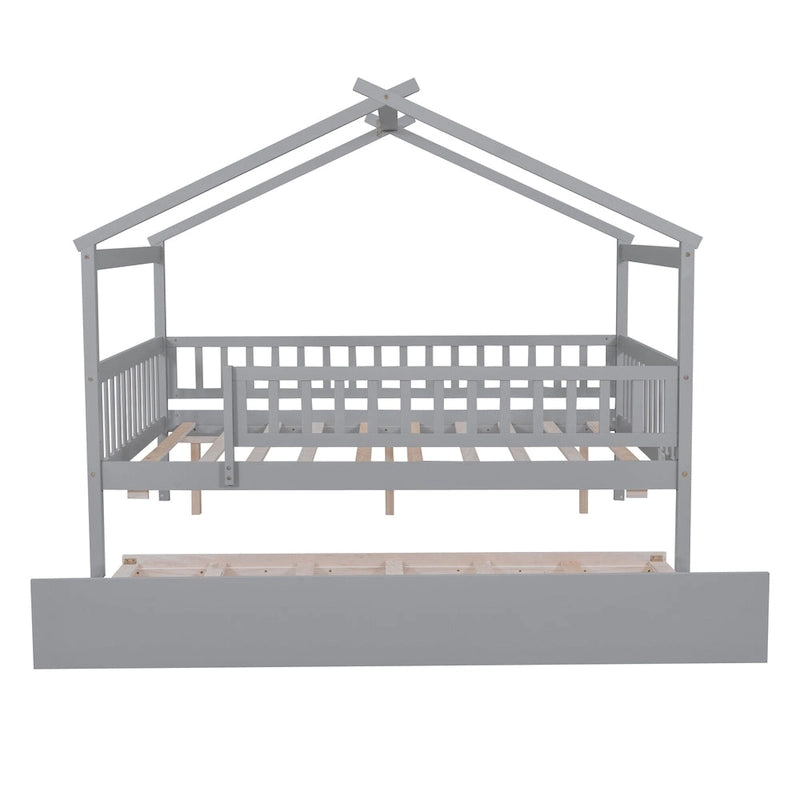 Lit de repos en forme de maison avec lit gigogne double, taille double, pour 2 personnes, blanc/noyer/naturel/gris