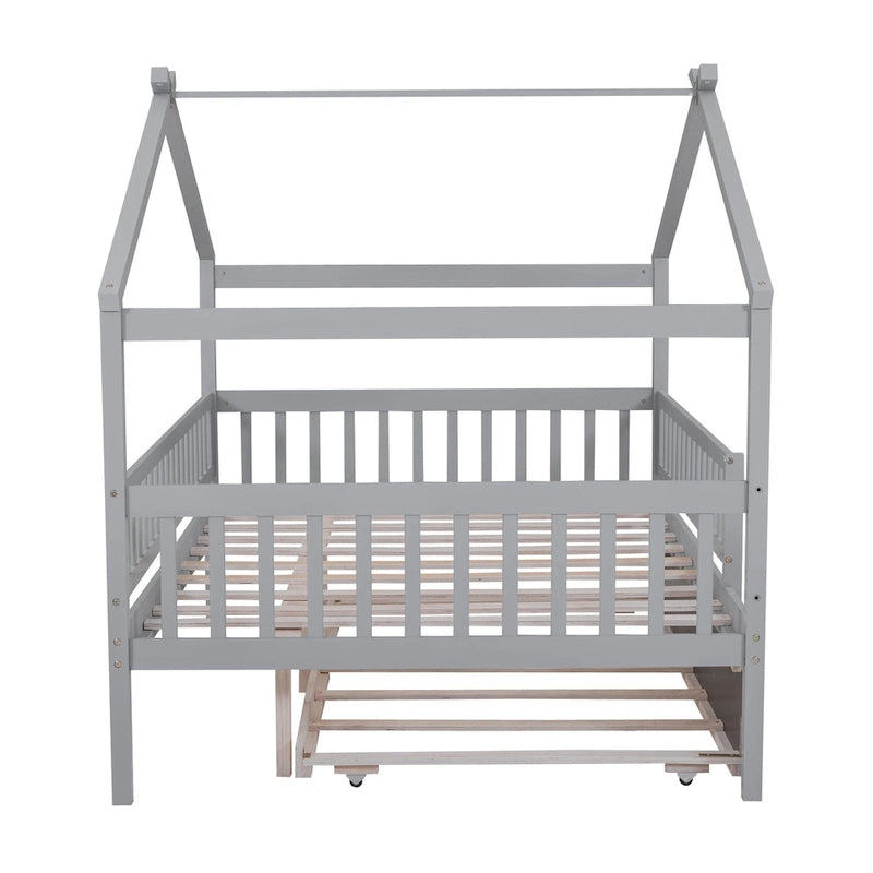 Lit de repos en forme de maison avec lit gigogne double, taille double, pour 2 personnes, blanc/noyer/naturel/gris