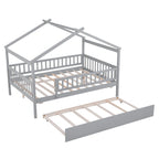 Lit de repos en forme de maison avec lit gigogne double, taille double, pour 2 personnes, blanc/noyer/naturel/gris