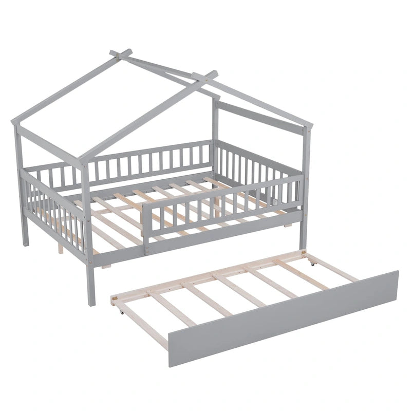 Lit de repos en forme de maison avec lit gigogne double, taille double, pour 2 personnes, blanc/noyer/naturel/gris