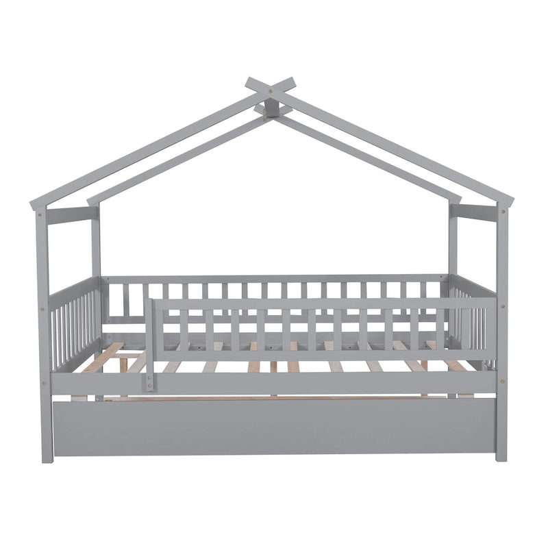 Lit de repos en forme de maison avec lit gigogne double, taille double, pour 2 personnes, blanc/noyer/naturel/gris