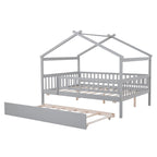 Lit de repos en forme de maison avec lit gigogne double, taille double, pour 2 personnes, blanc/noyer/naturel/gris