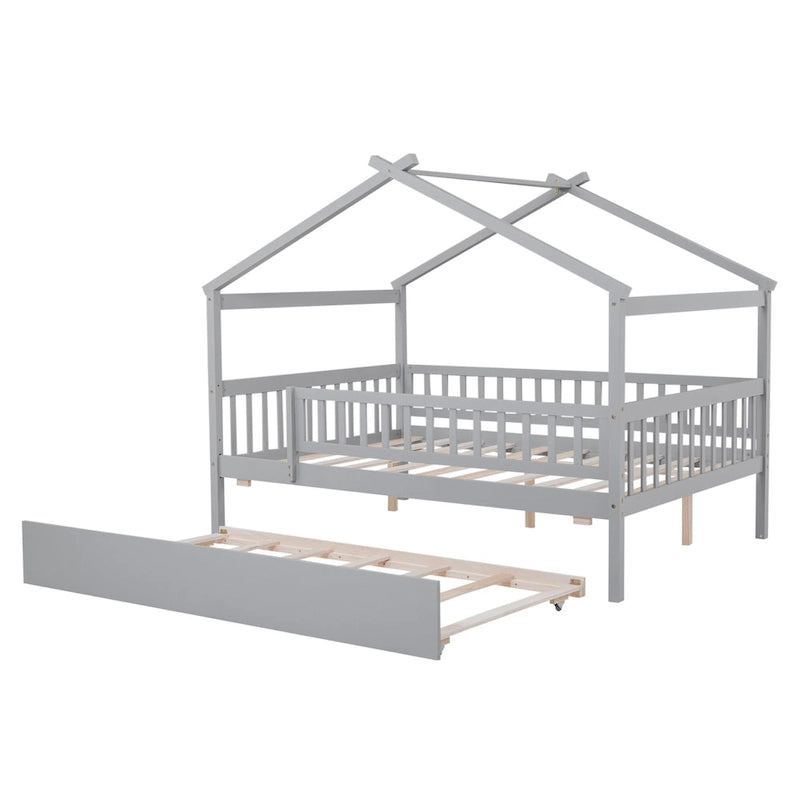 Lit de repos en forme de maison avec lit gigogne double, taille double, pour 2 personnes, blanc/noyer/naturel/gris