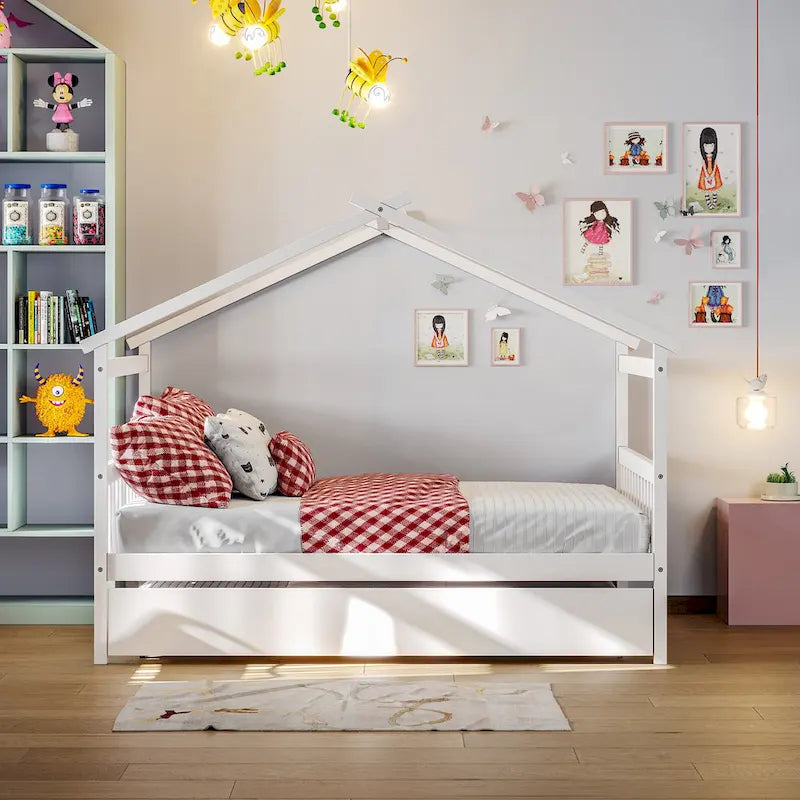 Lit de repos en forme de maison avec lit gigogne double, taille double, pour 2 personnes, blanc/noyer/naturel/gris